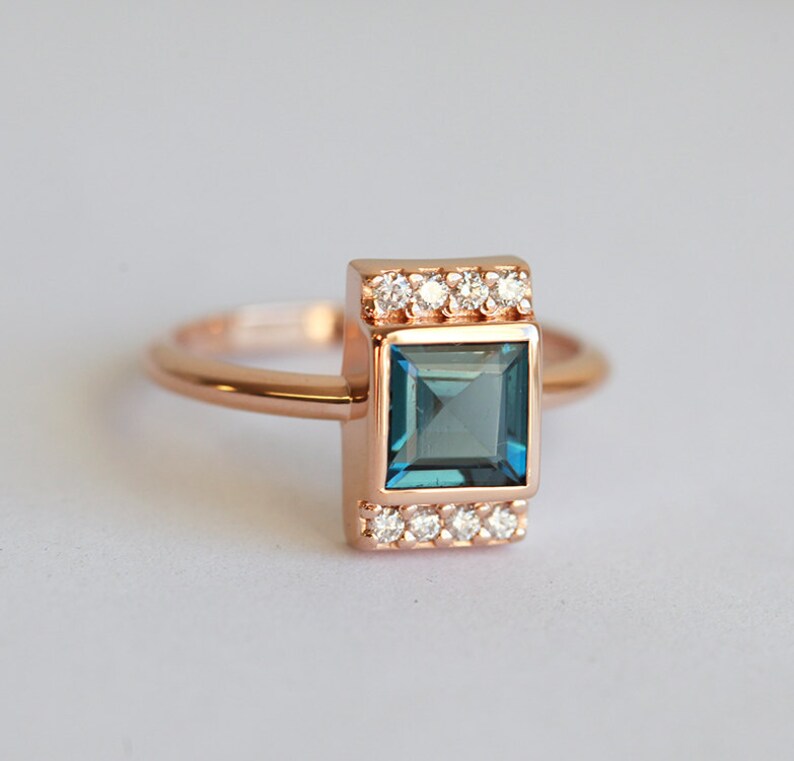 London Blue Topaz Diamond Engagement Ring, Modern Rose Gold Engagement Ring, 18k Rose Gold Diamond Statement Ring, Unique Engagement Ring image 3