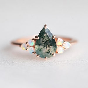 Pear moss agate ring with side Australian opals, Moss agate engagement ring set image 6