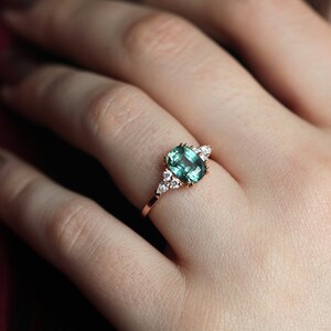 Teal Green Blue Sapphire & Diamond Ring, Cushion Cut Engagement Ring, 14k or 18k Solid Gold image 2