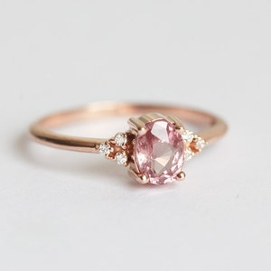 Delicate Rose Gold Peach Sapphire Ring, Pink Sapphire Diamond Ring, Rose Gold Engagement Ring image 4
