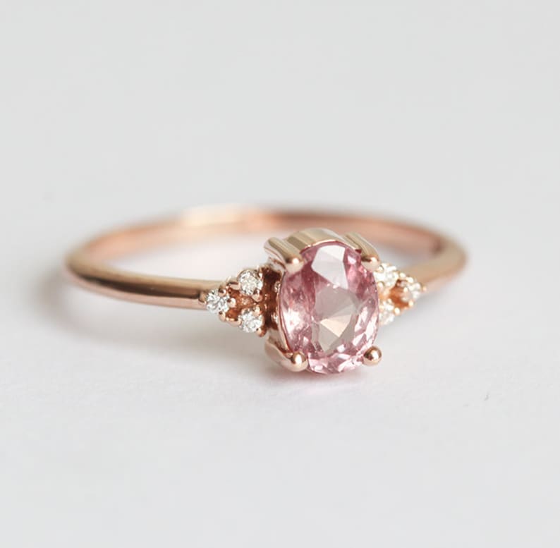 Delicate Rose Gold Peach Sapphire Ring, Pink Sapphire Diamond Ring, Rose Gold Engagement Ring image 4