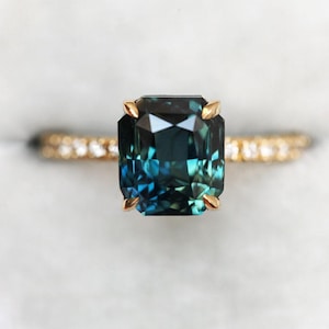 Radiant Teal Sapphire Ring with Pave Diamond Band, 3ct green blue sapphire ring, Natural Sapphire Engagement Ring