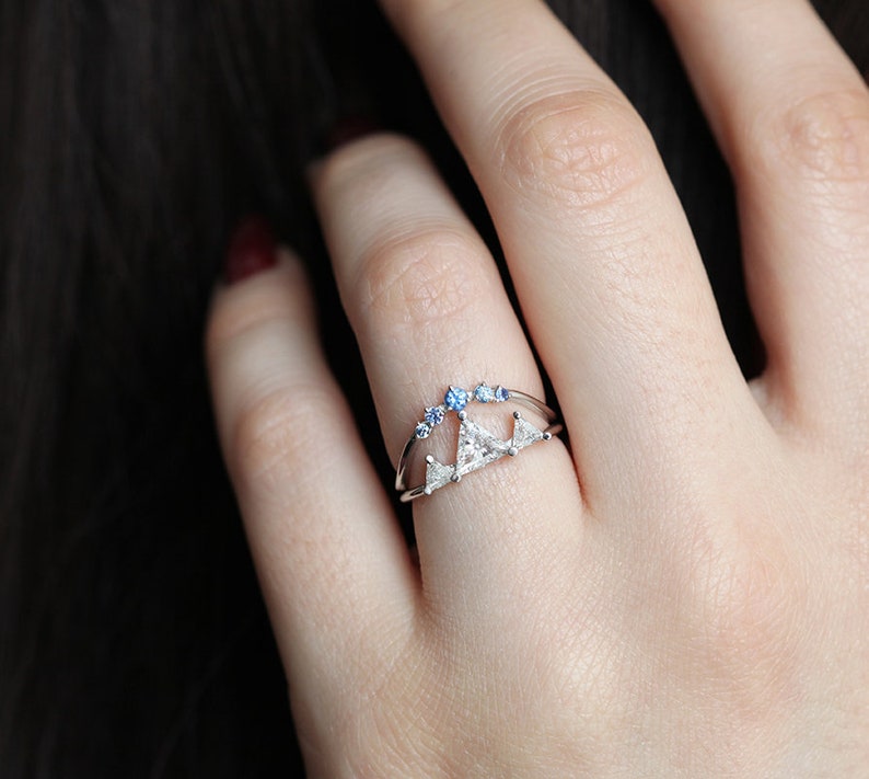 Unique Triangle Diamond Ring, Half Carat Diamond Mountain Ring with trillion diamonds, Three Stone Ring by Minimalvs image 5