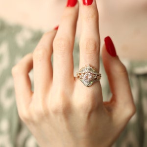 Sunset-inspired Pink Peach Sapphire Ring Set, Yellow Gold, Peach Diamond and Sapphire Accents, Opal Inlay, Natural White Diamonds