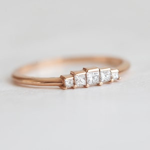 Art Deco Diamond Engagement Ring, Rose Gold Princess Diamond Ring, Five ...