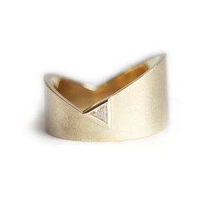 Triangle diamond wedding ring, Modern gold band, Wide trillion diamond ring, Unique asymmetrical ring image 4