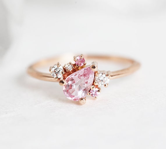 Light Pink Sapphire Ring, Sideways Cluster Ring Rose Gold, Pink Sapphire  Engagement Ring in 18k Rose Gold, Sapphire Diamond Ring 