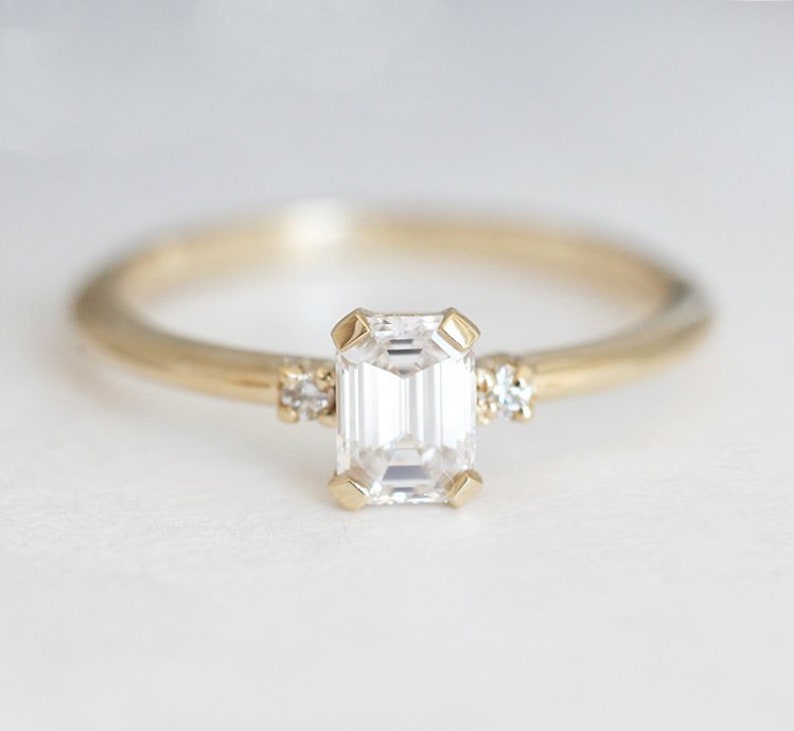 Diamond engagement ring, Emerald cut ring, Three stone ring, Simple gold ring, GIA diamond ring image 1