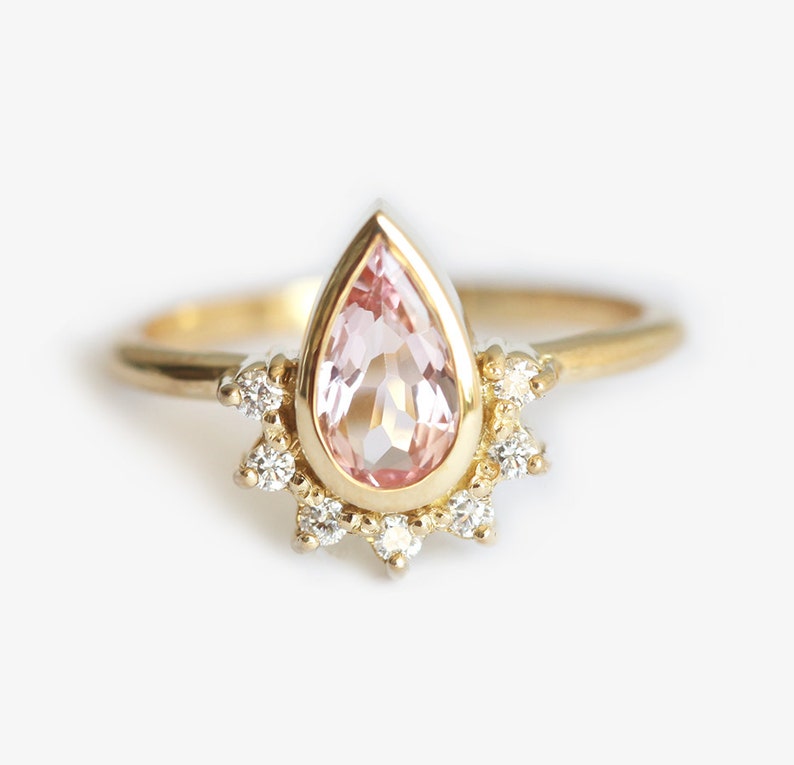 Pear peach sapphire ring, Tiara sapphire engagement ring image 1