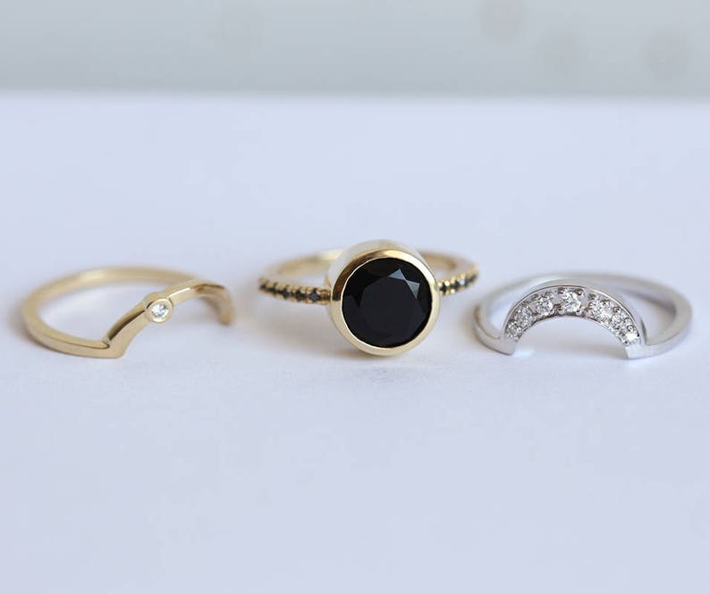 Alternative engagement ring set, Onyx moon eclipse ring, Unique black diamond ring image 4