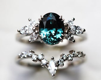 Teal Sapphire Engagement Ring Set, Teal Oval Sapphire Engagement Ring with Diamond Cluster Band
