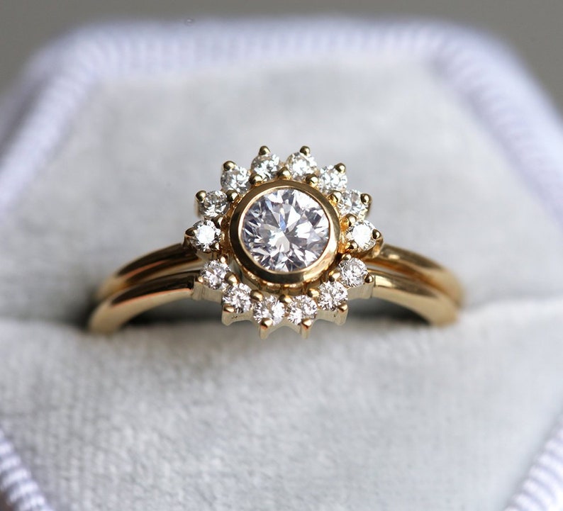 Half Carat Diamond Engagement Ring Set, Round 0.5ct Diamond Ring with Matching Curved Diamond Band image 1
