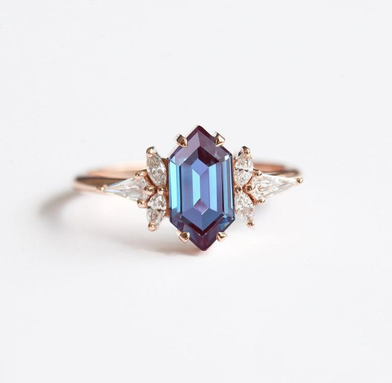 Lab Alexandrite & Diamond Engagement Ring, Unique Lab Alexandrite Ring ...