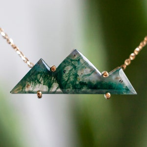 Moss Agate Mountain Necklace For Her, Unique Natural Gemstone Necklace in 14k or 18k Solid Gold image 3