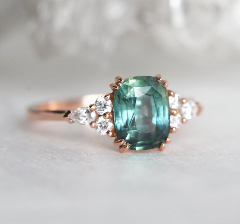 Teal Green Blue Sapphire & Diamond Ring, Cushion Cut Engagement Ring, 14k or 18k Solid Gold image 6