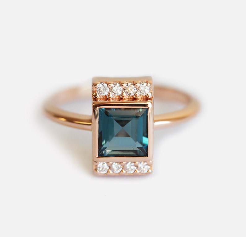 London Blue Topaz Diamond Engagement Ring, Modern Rose Gold Engagement Ring, 18k Rose Gold Diamond Statement Ring, Unique Engagement Ring image 2