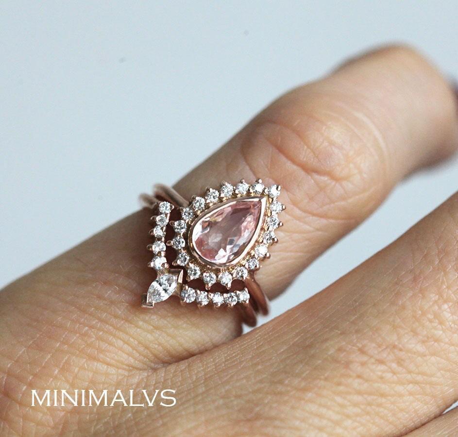 Pear Morganite Ring Set in 14k or 18k Rose Solid Gold With Full Diamond ...