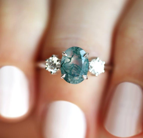 Moss agate engagement ring, Three stone ring, Oval green stone & diamond, sapphire or moissanite ring