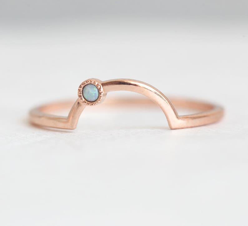 Curved opal ring, Small gemstone stacking ring, Filigree nesting wedding band image 1