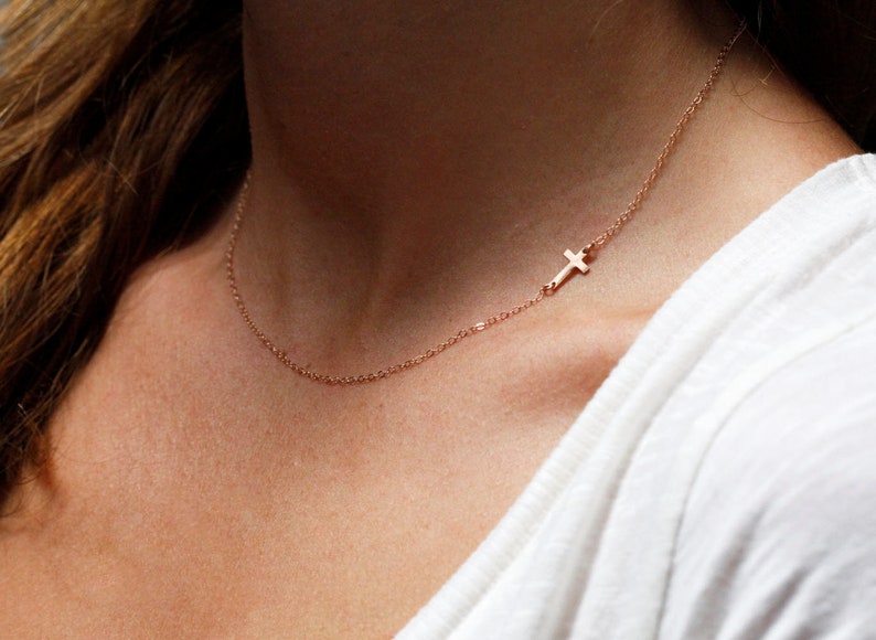 Solid Gold Cross Necklace, 14k Gold Tiny Cross Necklace, Sideways Cross Necklace for Her image 7