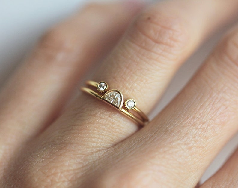 Tiny diamond ring, Double stone engagement ring, Open wedding band, April birthstone ring image 3