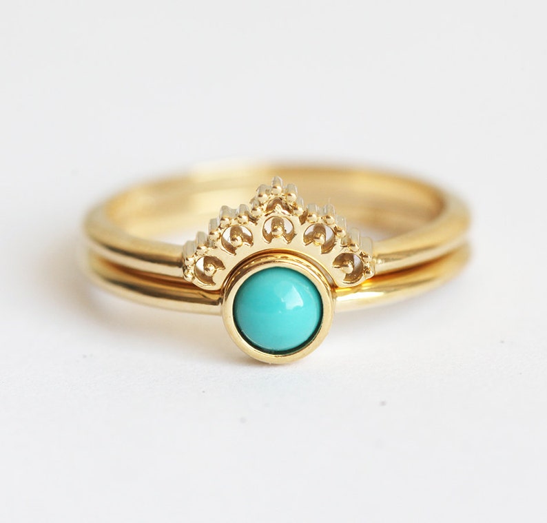 Turquoise Ring Set 18k Yellow Gold With Lace Band image 1