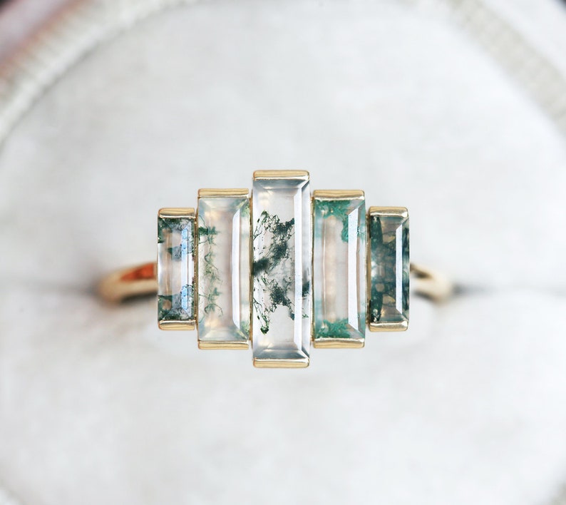 Art deco engagement ring, Moss agate ring, Baguette cut ring, Unique green ring image 1