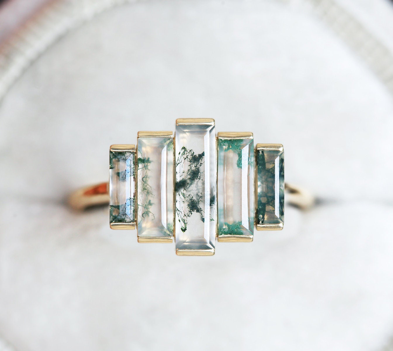 Art Deco Engagement Ring Moss Agate Ring Baguette Cut Ring - Etsy