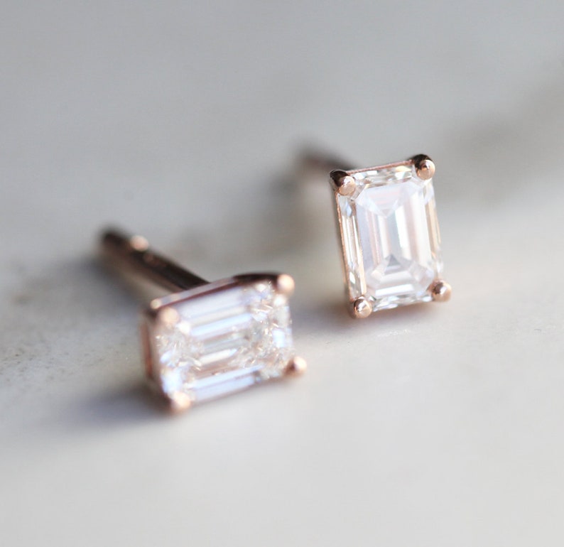 Emerald cut diamond earrings, Diamond Stud Earrings, Emerald Diamond Earrings, Rose Gold Diamond Studs, Everyday diamond earrings image 5