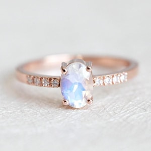 Moonstone engagement ring, Oval rainbow moonstone & diamond pave ring, Simple rose gold solitaire