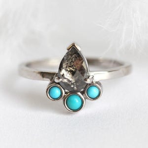 Grey diamond & turquoise ring, Pear engagement ring, Rose cut diamond ring, Unique bohemian ring