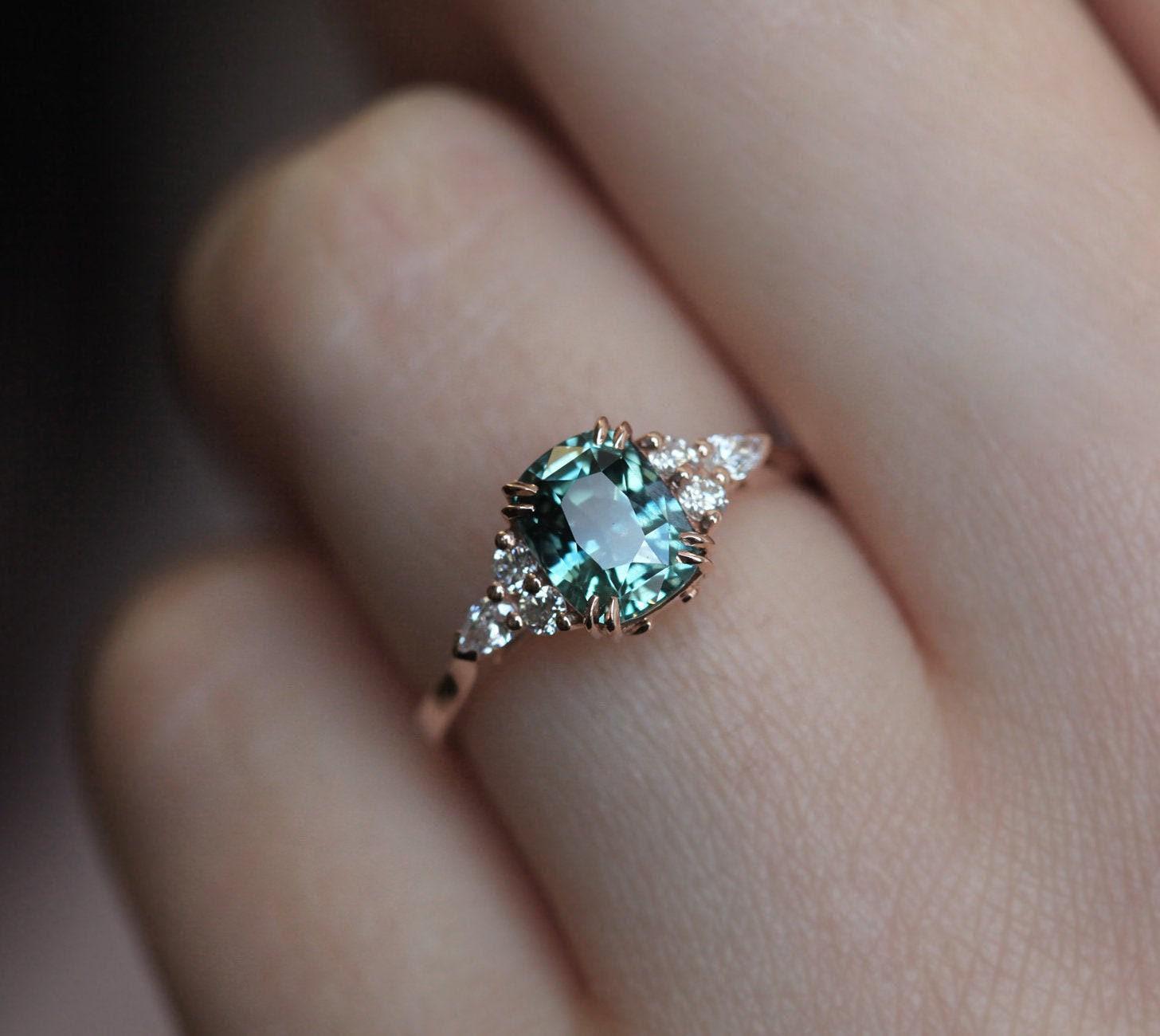 Mint Green Sapphire Ring Cushion Sapphire Diamond Ring Seafoam Green Sapphire Engagement Ring 14K 18K