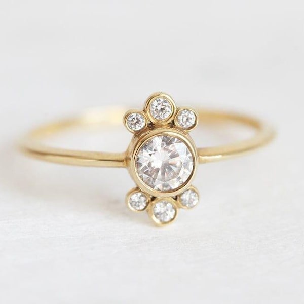 Anillo de diamantes redondos, oro macizo de 14 k o 18 k, diamante GIA de 0,25 quilates en engaste de bisel, delicado racimo de corona