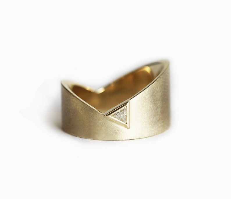 Triangle diamond wedding ring, Modern gold band, Wide trillion diamond ring, Unique asymmetrical ring