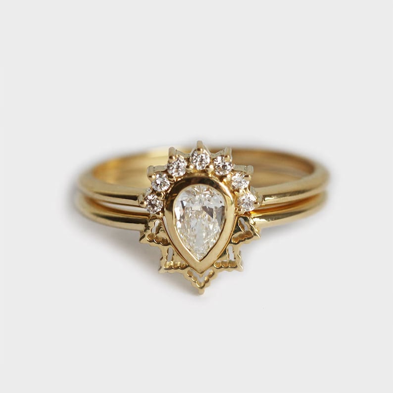 Pear Diamond Engagement Ring or Wedding Set with Lace Curved V Band, 18k Solid Gold or Platinum image 1