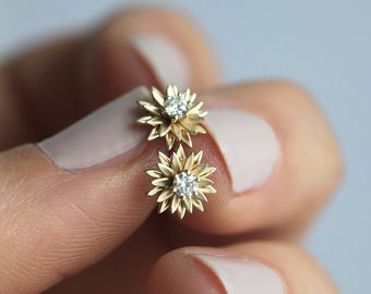 Diamond Flower Studs, Sunflower Earrings, 14k Solid Gold
