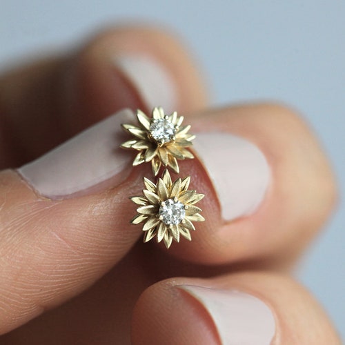 Sunflower Diamond Earrings 14K Yelow Gold Bridal Jewelry Etsy