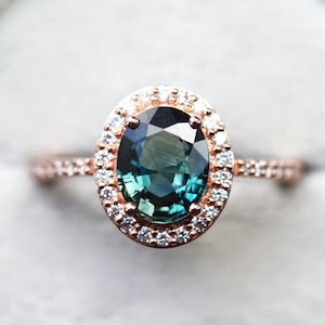Blue green sapphire engagement ring, Oval peacock sapphire halo diamond ring rose gold