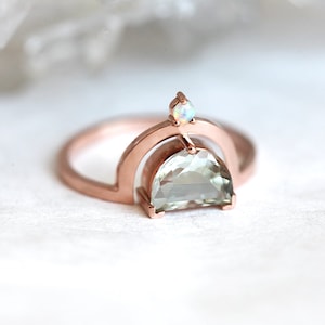 Green amethyst engagement ring, Half moon ring, Unique opal ring, Crescent cut boho ring image 4