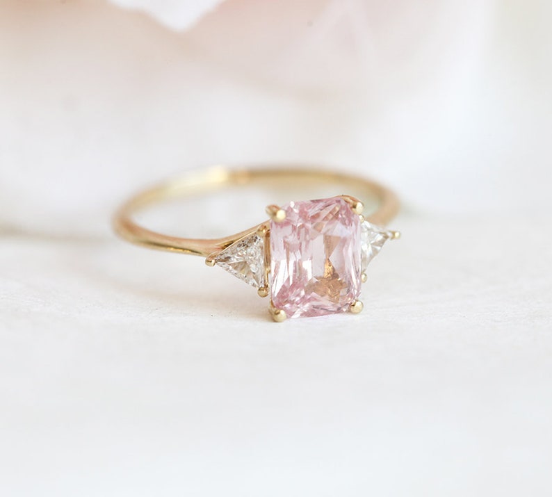 Peach Blush Sapphire Engagement Ring, Radiant Peach Sapphire Ring with Trillion Diamonds, Trillion Diamond Ring by Minimalvs image 1