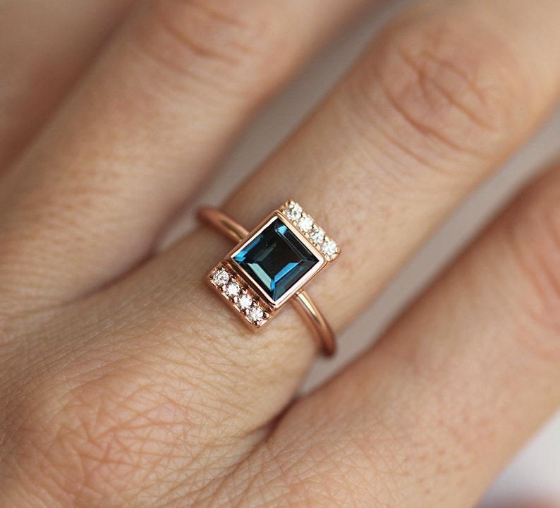 London Blue Topaz Diamond Engagement Ring, Modern Rose Gold Engagement Ring, 18k Rose Gold Diamond Statement Ring, Unique Engagement Ring image 4