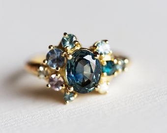 Teal Sapphire Ring Yellow Gold Cluster, Oval Sapphire Engagement Ring with Green Blue Sapphire, Unique Engagement Ring