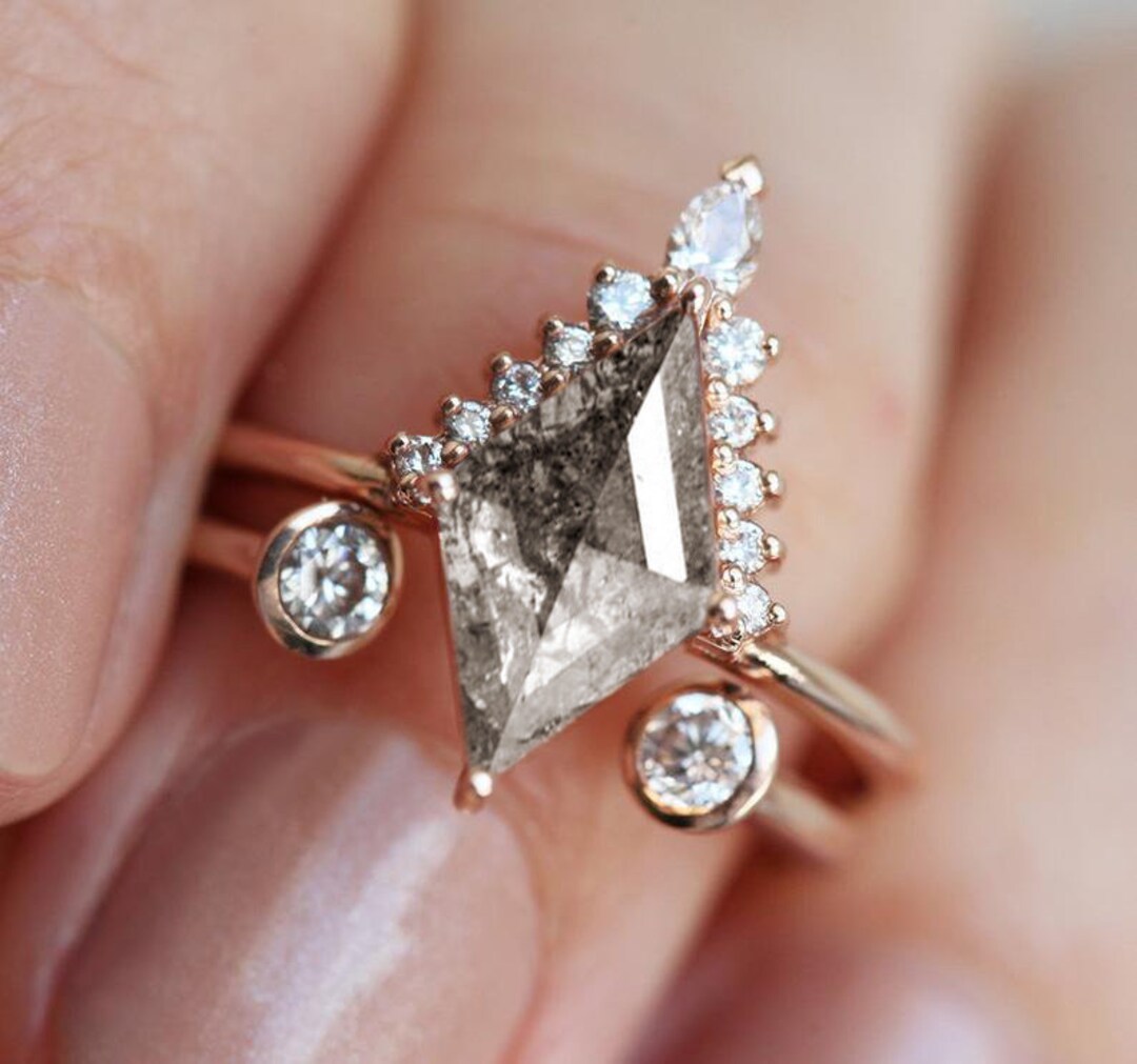 Salt Pepper Diamond Ring, or Ring Set, Rhombus Kite Engagement Ring