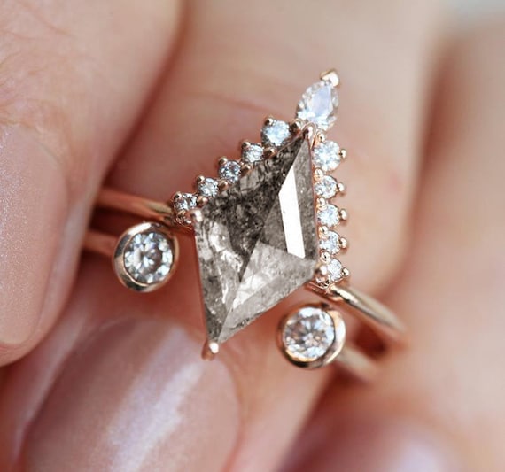 Gift Her Bridal Ring Black Diamond Engagement Ring Kite Shape Salt and pepper Diamond Ring Salt and Pepper Engagement Ring Antique Ring