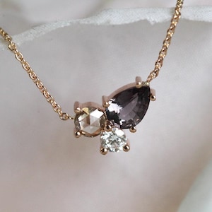 Diamond Sapphire Necklace, Rose Gold Cluster Necklace, Anniversary Necklace, Champagne Diamond Necklace