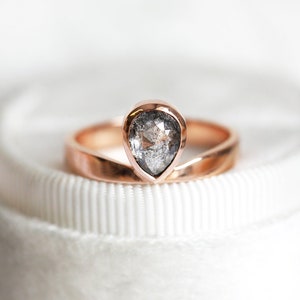 Salt and Pepper Diamond Ring, Rose Cut Pear Diamond Ring, Unique Diamond Engagement, Black, Gray Pear Diamond, 14k 18k rose yellow image 9