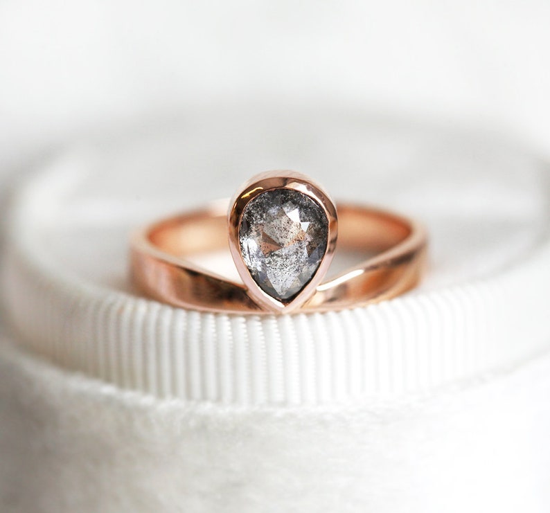 Salt and Pepper Diamond Ring, Rose Cut Pear Diamond Ring, Unique Diamond Engagement, Black, Gray Pear Diamond, 14k 18k rose yellow image 9