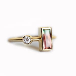 Unique Bicolor Watermelon Tourmaline ring with Round Diamond, Double Stone Ring, Diamond Baguette Engagement Ring, Unique Gold ring