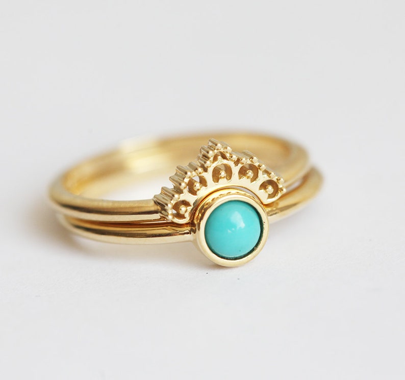 Turquoise Ring Set 18k Yellow Gold With Lace Band image 4