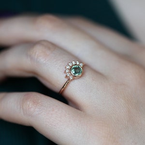 Round Sapphire Engagement Ring Rose Gold, Green Sapphire Diamond Ring, Sapphire Diamond Engagement Ring image 6